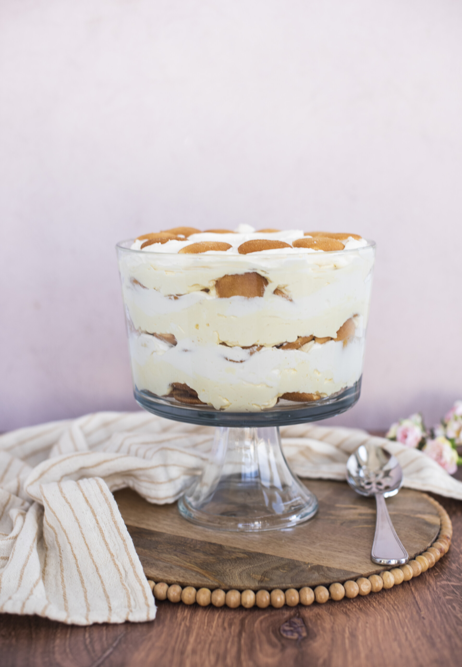 Banana cream trifle in a serving dish.