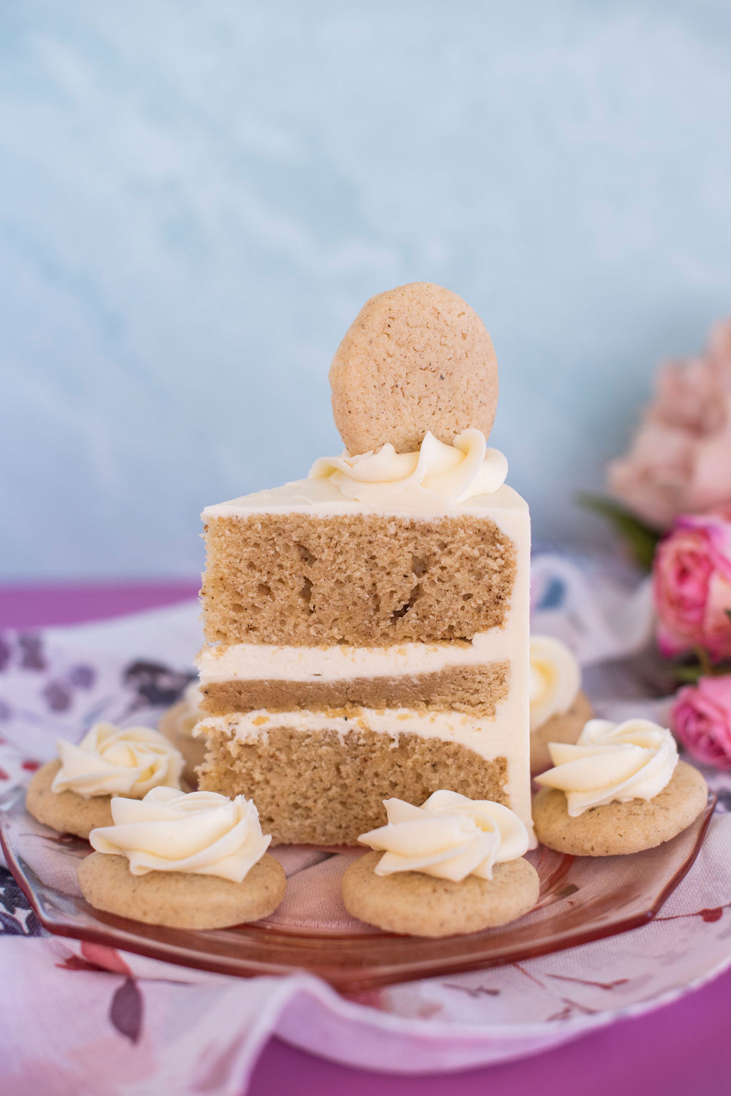 Slice of cake with cookies.