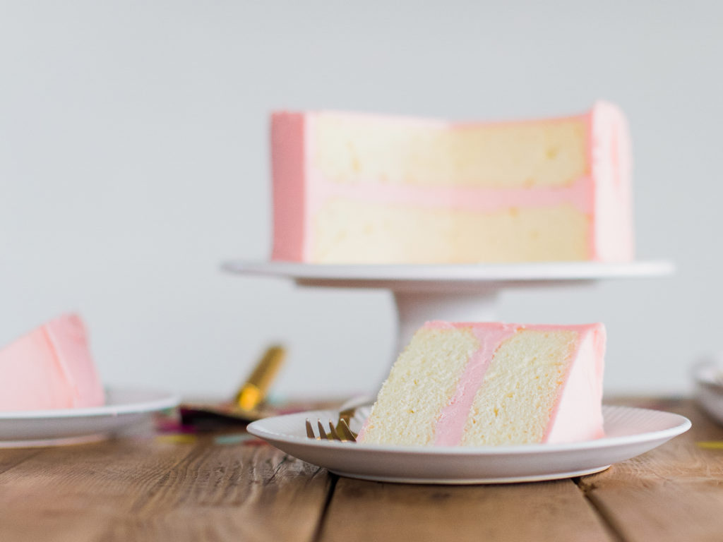 Slice of cake on a plate.