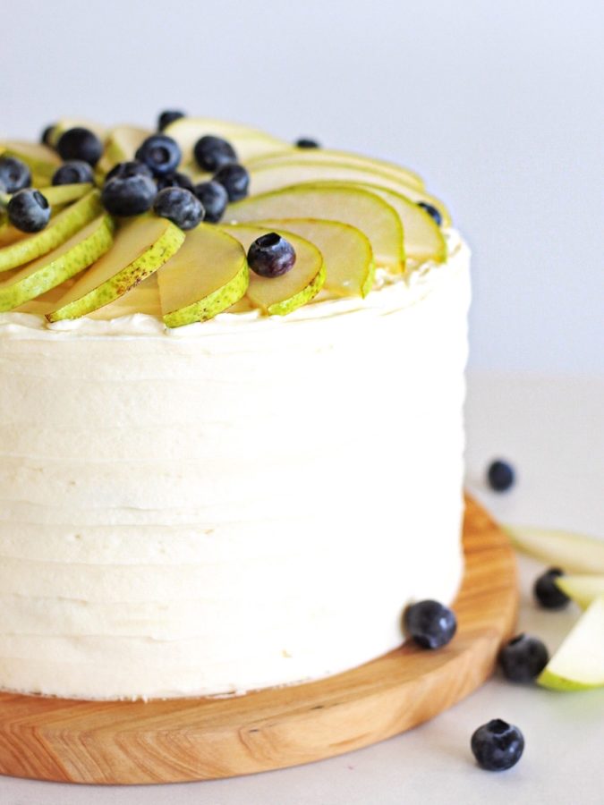 Honey Pear Upside Down Cake - layers of honey butter cake baked with caramelized pears and smothered in a honey cream cheese frosting #cakebycourtney #honeycake #buttercake #pearcake #pears #cake #easycakerecipe #upsidedowncake #cakebycourtney #honeypearupsidedowncake