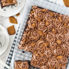 Overhead view of a cake with slices of cake on a plate next to it.