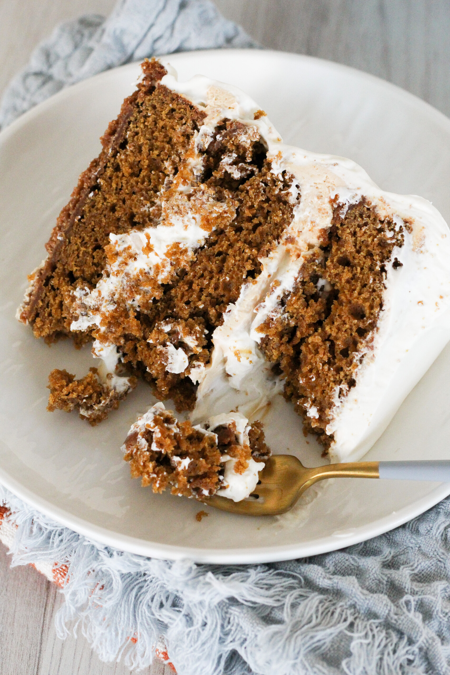 Slice of gingerbread cake on a plate.