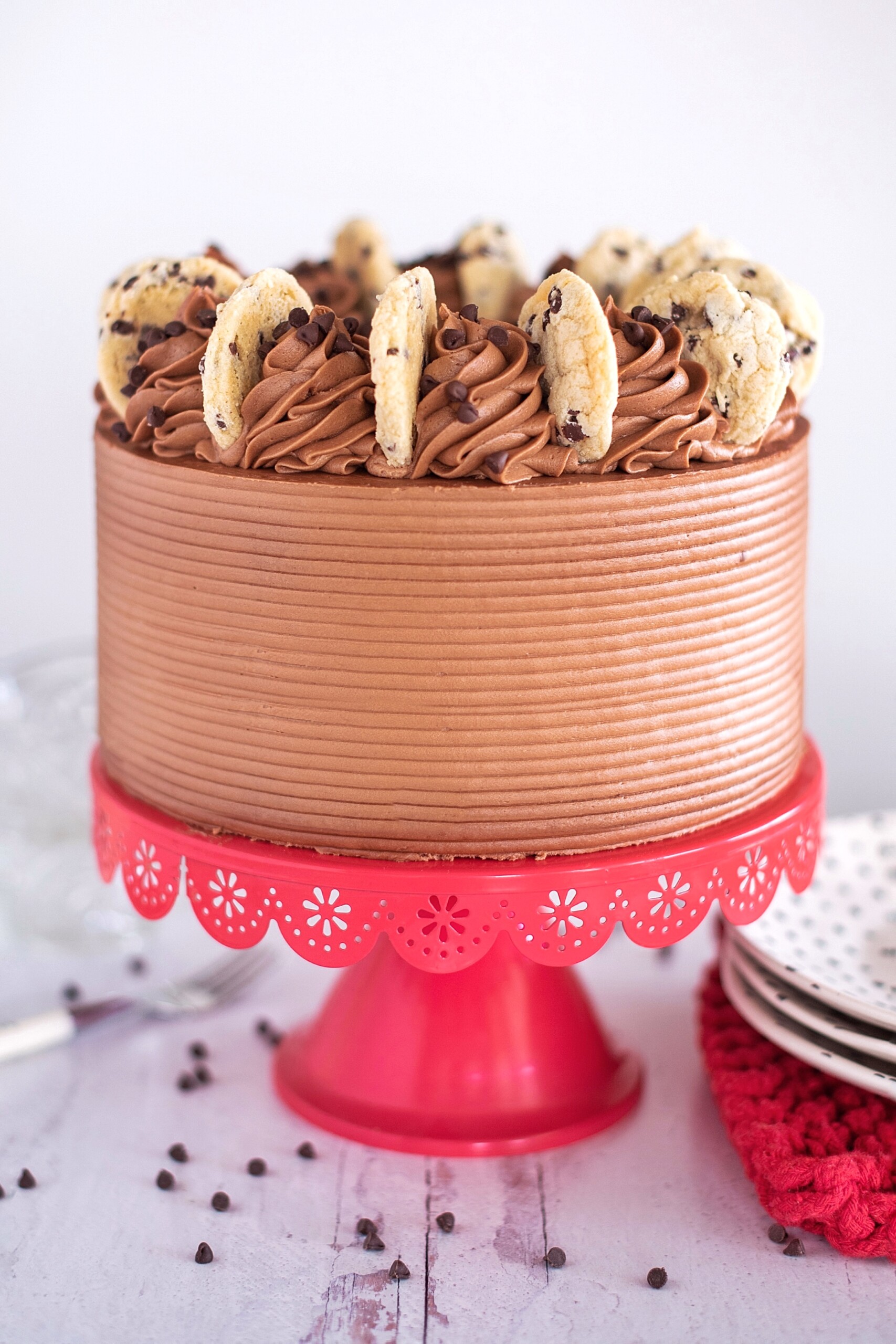 Red velvet cake layers with chocolate chip cookie and chocolate cream cheese frosting.