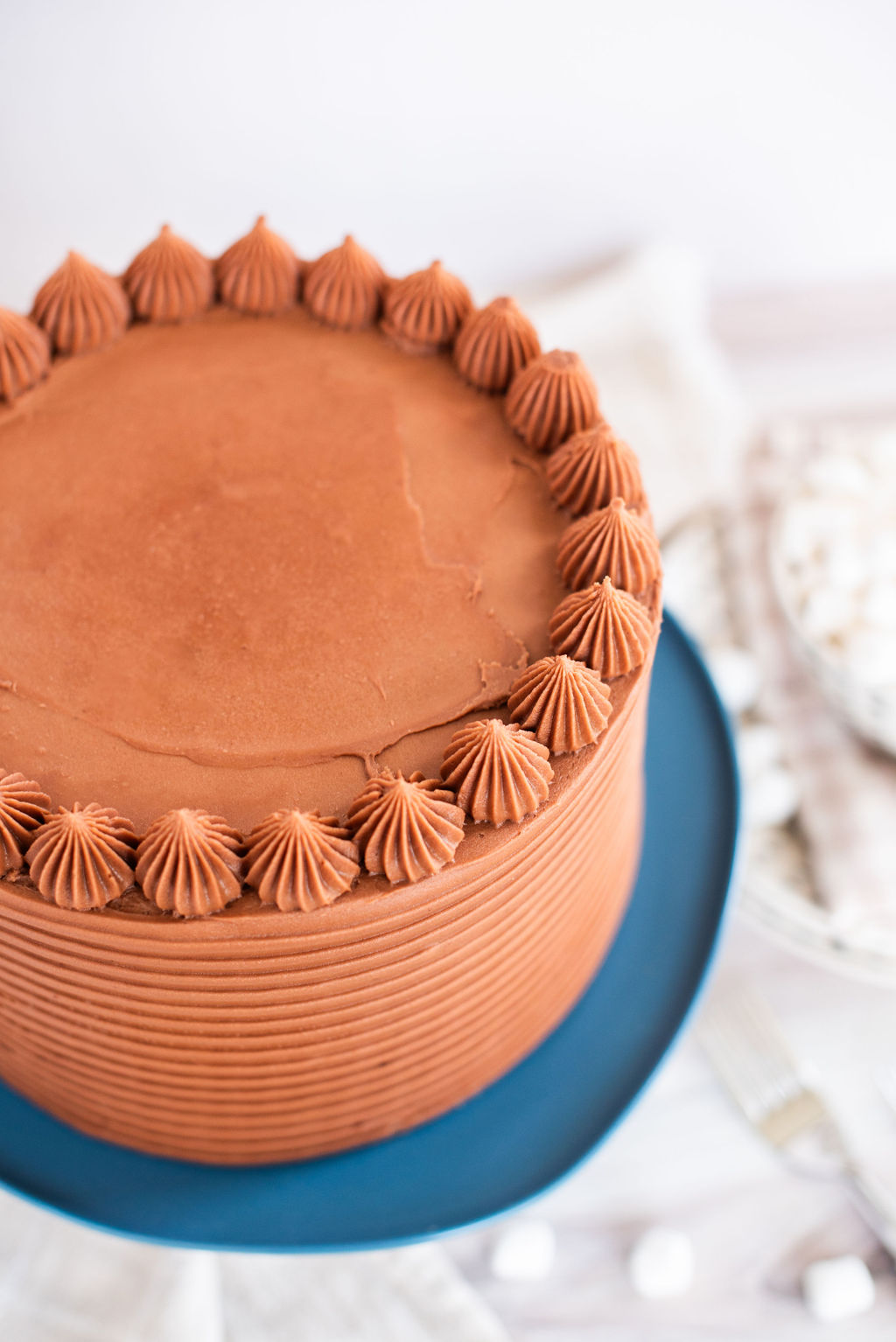 chocolate buttercream design on a cake.